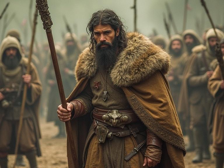 A druid in the first century with a beard and fur-lined cloak holding a staff. Background shows a group of warriors dressed in similar attire. The setting is misty, hinting at a historical era.