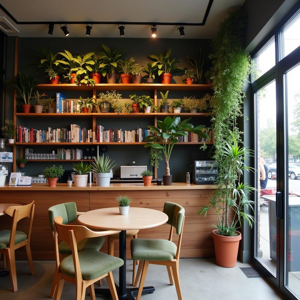 Interior design of a cozy café. Shelves filled with books. Abundant indoor plants. Round table with green chairs. Warm and inviting atmosphere. Natural light enhancing the space.