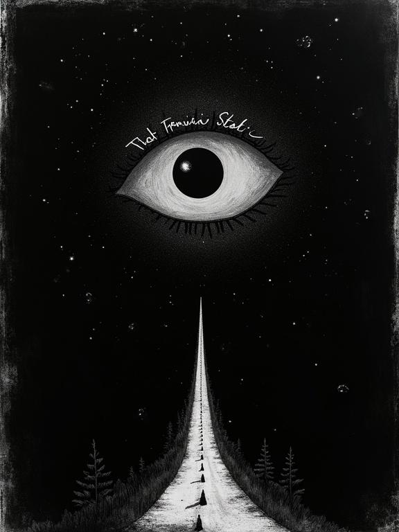 An extremely rough experimental photo with a black background. A large stylized eye at the top is filled with a cosmic void of darkness. The words 'That Familiar Static' and 'H. Bellerose' are written in manic cursive. A winding road travels from the bottom to the eye with a silhouette of a town in the distance.