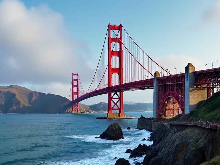 Golden Gate Bridge in a scenic setting. Show bridge over water with coastal view. Soft lighting and clear sky. Surrounding hills and ocean waves.