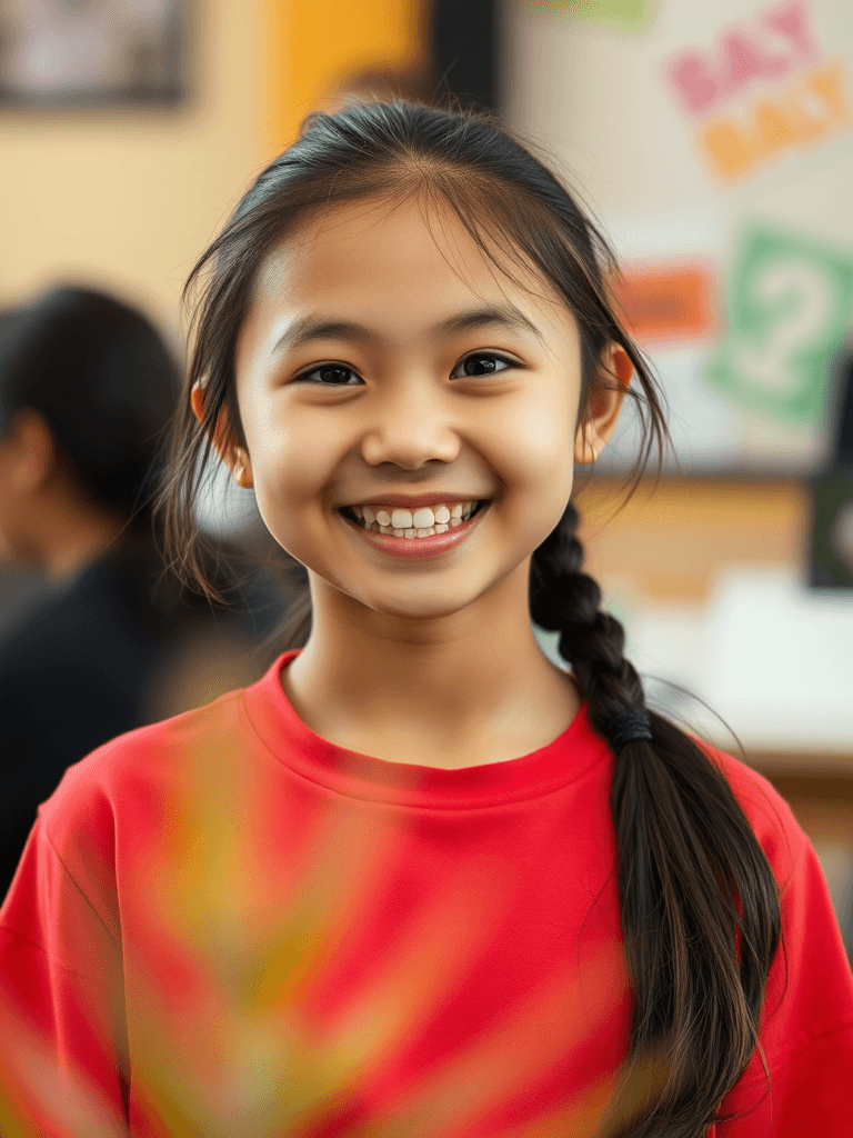 A young girl with a braid smiles brightly, wearing a red shirt, against a colorful blurred background likely of an indoor setting.