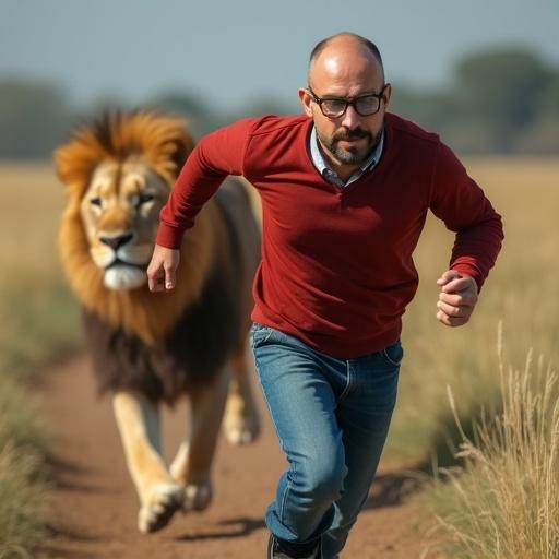 A man running with a lion chasing him. The man is bald with a beard and mustache. He wears glasses and a red shirt. His blue jeans are turned inside out. The scene shows action and urgency while the lion runs toward him.