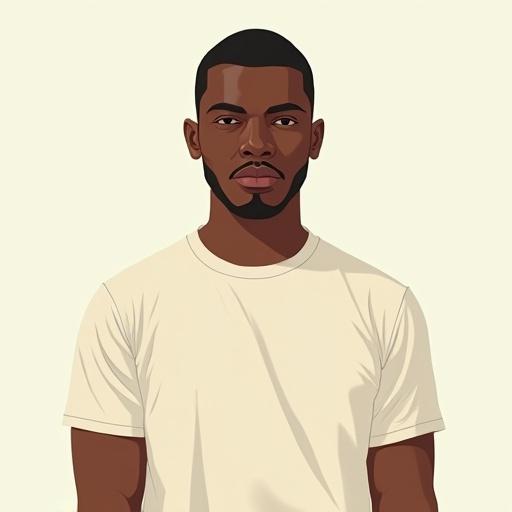 2D illustration of a Black male character resembling Grand Theft Auto art style. Character has a clean haircut and subtle facial hair. Wears a plain t-shirt. Bold outlines are present. Flat cel-shaded colors with full frontal lighting. Background is minimal and light-colored.