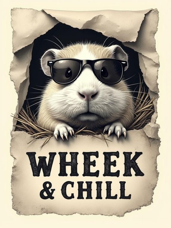 A chunky guinea pig is poking through ripped parchment. Cheeks are stuffed with hay strands. It has a relaxed expression and is wearing tiny round sunglasses. Off-white ink with rough hatching is used. The background has tear edges that are dark for contrast. Below the guinea pig is the slogan “WHEEK & CHILL” in distressed western serif. The image is a portrait meant for black tee in transparent PNG format, with dimensions of 4500×5400 px at 300 dpi.