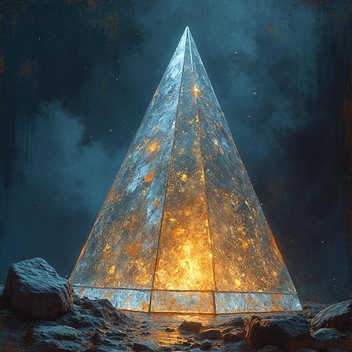 A majestic crystal pyramid stands against a dramatic sky. The pyramid radiates a warm glow. Surrounding rocks enhance the scene's mystique. Ethereal atmosphere complements the artwork's surreal quality.