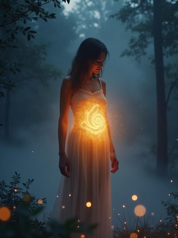 Illustration of a human in a nightdress standing in a mystical forest. The torso glows with golden light symbolizing intuition. The light forms swirling patterns. The scene features mist and faint floating sparkles. The color palette includes deep blues, purples, and warm golds.