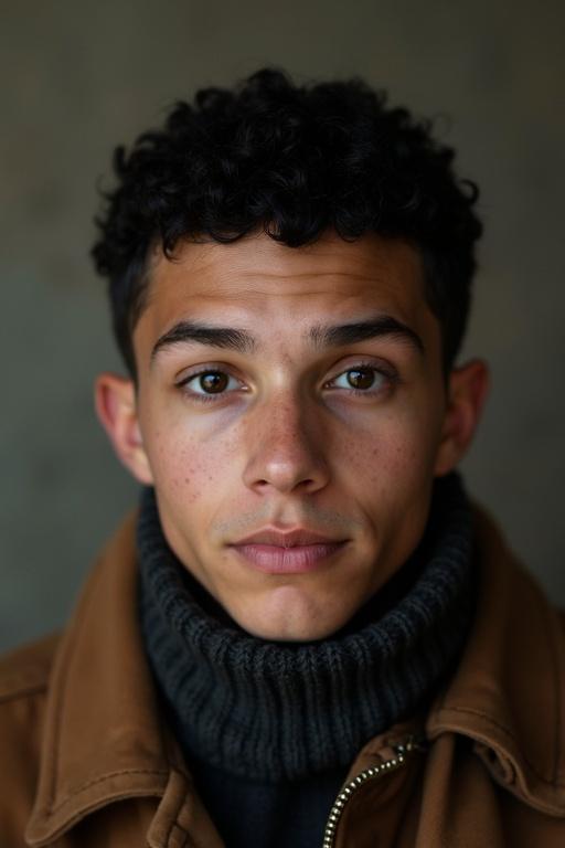 portrait of a young man with curly black hair wearing a turtleneck and a brown jacket against a neutral background