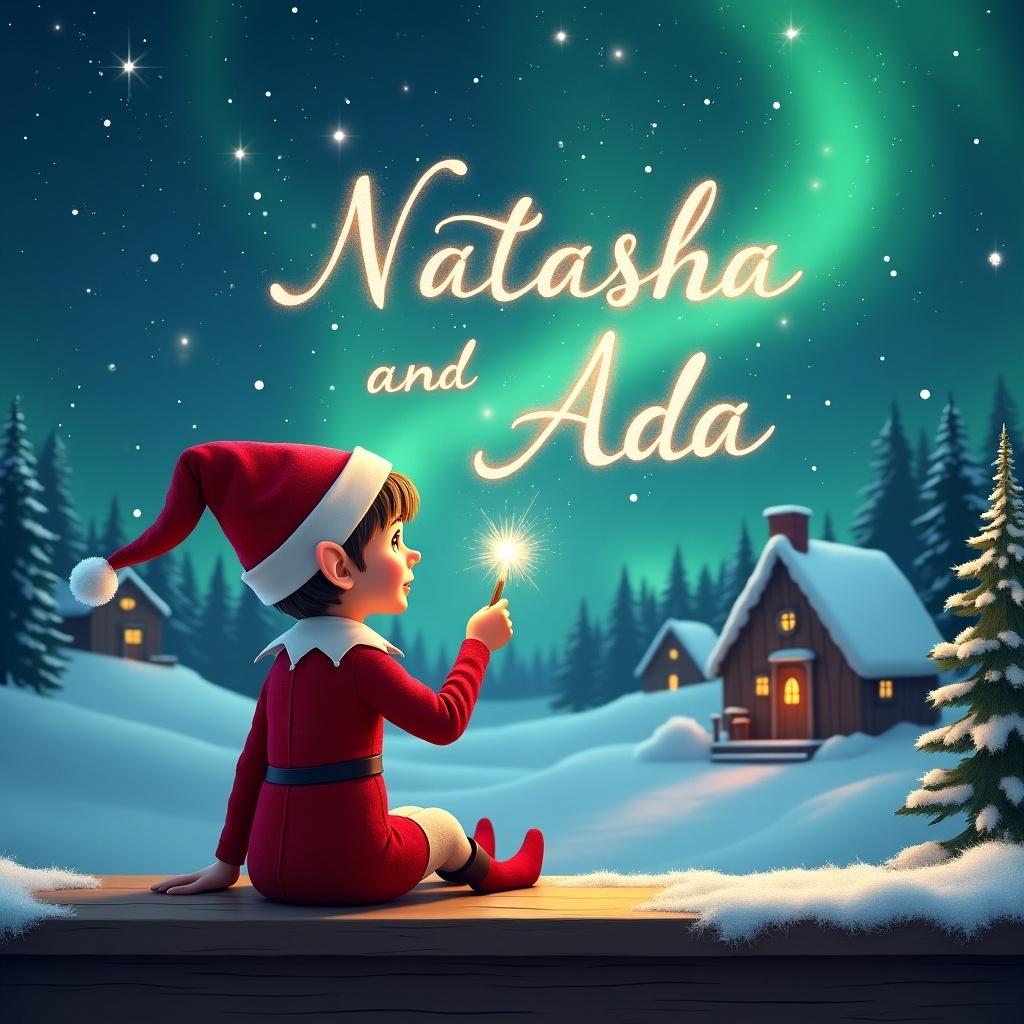 An elf sits on a wooden ledge with its back to the camera, gazing at a magical sky. The elf, dressed in a red outfit with a pointed hat, holds a sparkling wand. This elf uses the wand to elegantly write the names 'Natasha' and 'Ada' in the starry sky. The background features a snowy landscape filled with charming little houses and evergreen trees under the shimmering Northern Lights. This whimsical scene captures the essence of childhood magic and Christmas cheer, evoking feelings of joy and wonder.