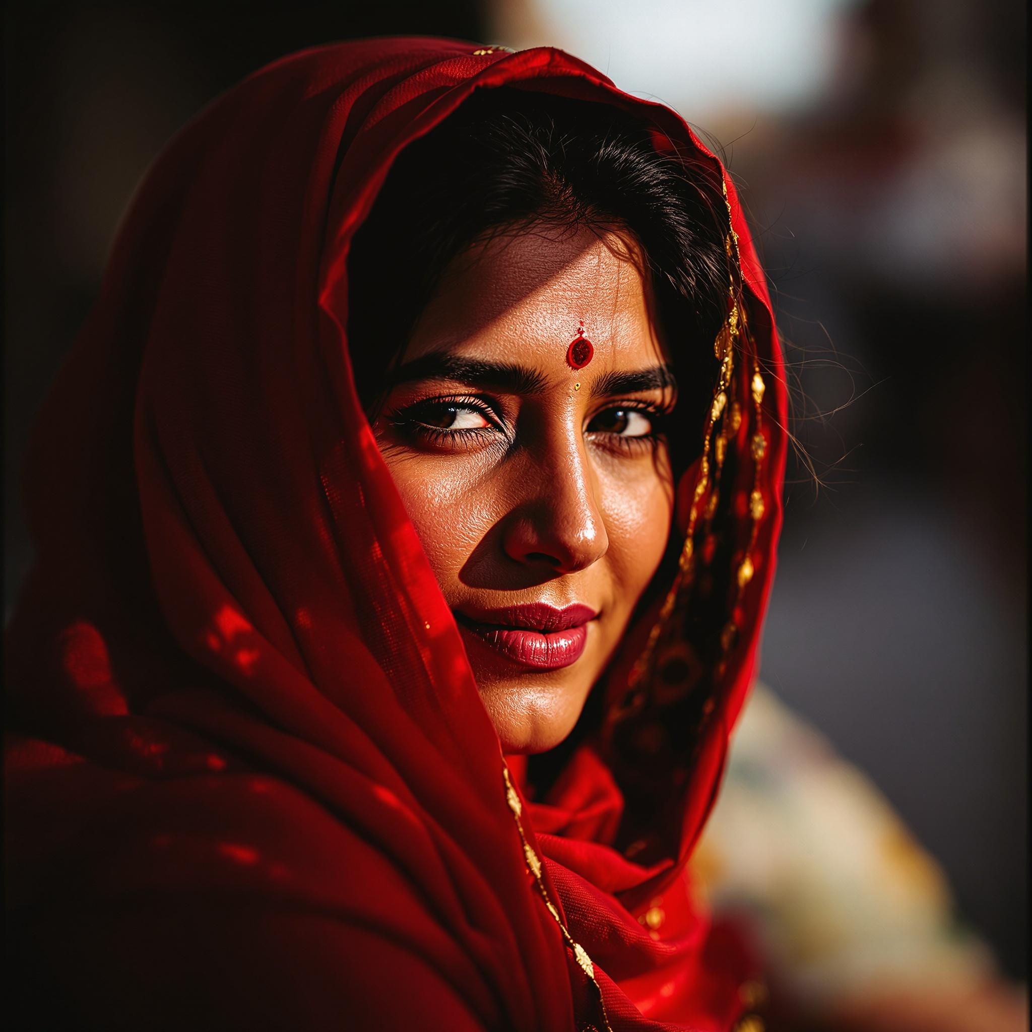 Woman wearing a vibrant red shawl. The red shawl has intricate patterns. The composition emphasizes the texture of the shawl. The image is artistically shot in a close-up perspective. The lighting is warm with soft shadows. The background is blurred to highlight the subject and the colors of the shawl.