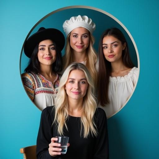 A circular opening showcases several women with different styles and expressions. Each woman has distinct features and clothing, creating a diverse visual appeal. They all face the viewer against a blue background.
