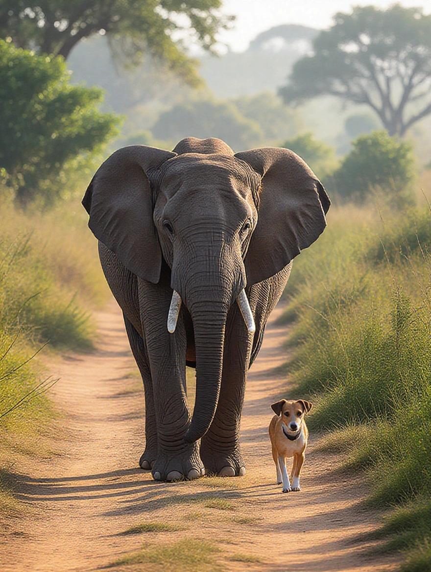 Elephant walking beside small dog on dirt path surrounded by nature. Early morning light creates a peaceful and emotional atmosphere. Photorealistic style.
