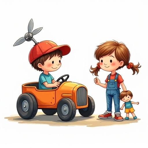 A colorful drawing of a boy with a baseball cap and a propellor on top sitting in a soapbox kart. Next to him is a girl with pigtails holding a floppy doll. The style is cartoonish with clear outlines on a transparent background.