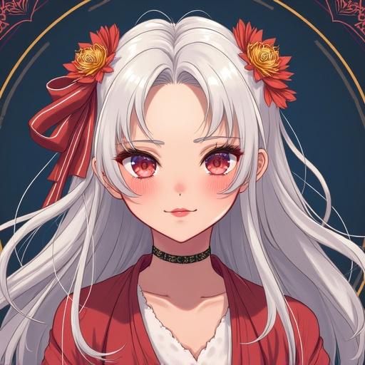 A character illustration depicting a mystical girl with long white hair, flowers in her hair, and an enchanting expression.