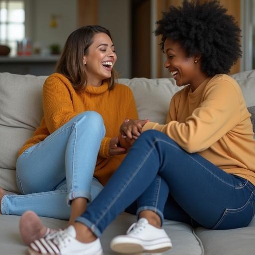 Two friends are sitting on a sofa. One woman wears an orange sweater and jeans. The other wears a beige sweater and jeans. They are smiling and interacting. The setting is cozy and inviting.