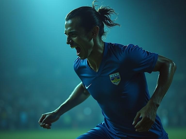 Action shot of a football player celebrating a goal. The athlete wears a blue uniform and expresses intense emotions. The background features a dark, misty atmosphere with a dramatic lighting effect. The shot captures the full body and dynamic movement of the character.