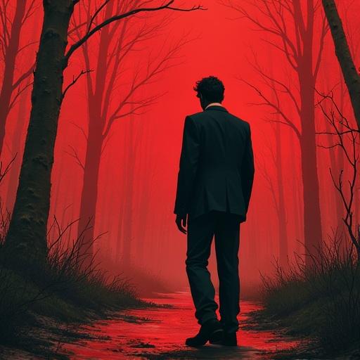 A figure in a black suit stands in a dark forest with a red background. The figure is facing away, creating an ominous atmosphere. The ground is shrouded in mist.