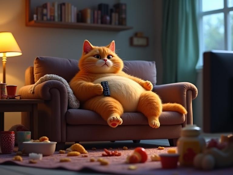 3D animated fat lazy cat sits on couch. Cat watches TV holding remote. Surrounding junk food is scattered. Living room appears messy and dimly lit.