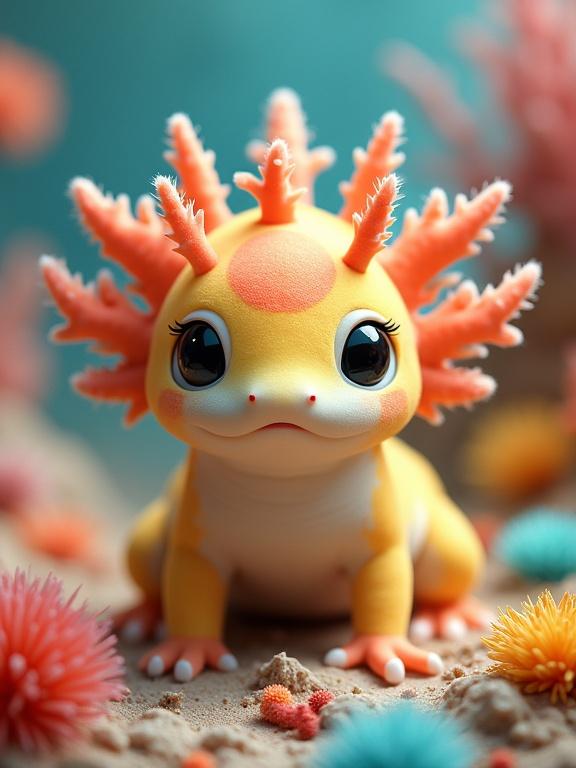 Vibrant fantastical amphibious creature in underwater landscape. Features soft yellow body, adorned with coral-like gills in bright orange. Surrounded by colorful flora. Dreamlike quality, rich textures, and whimsical forms.