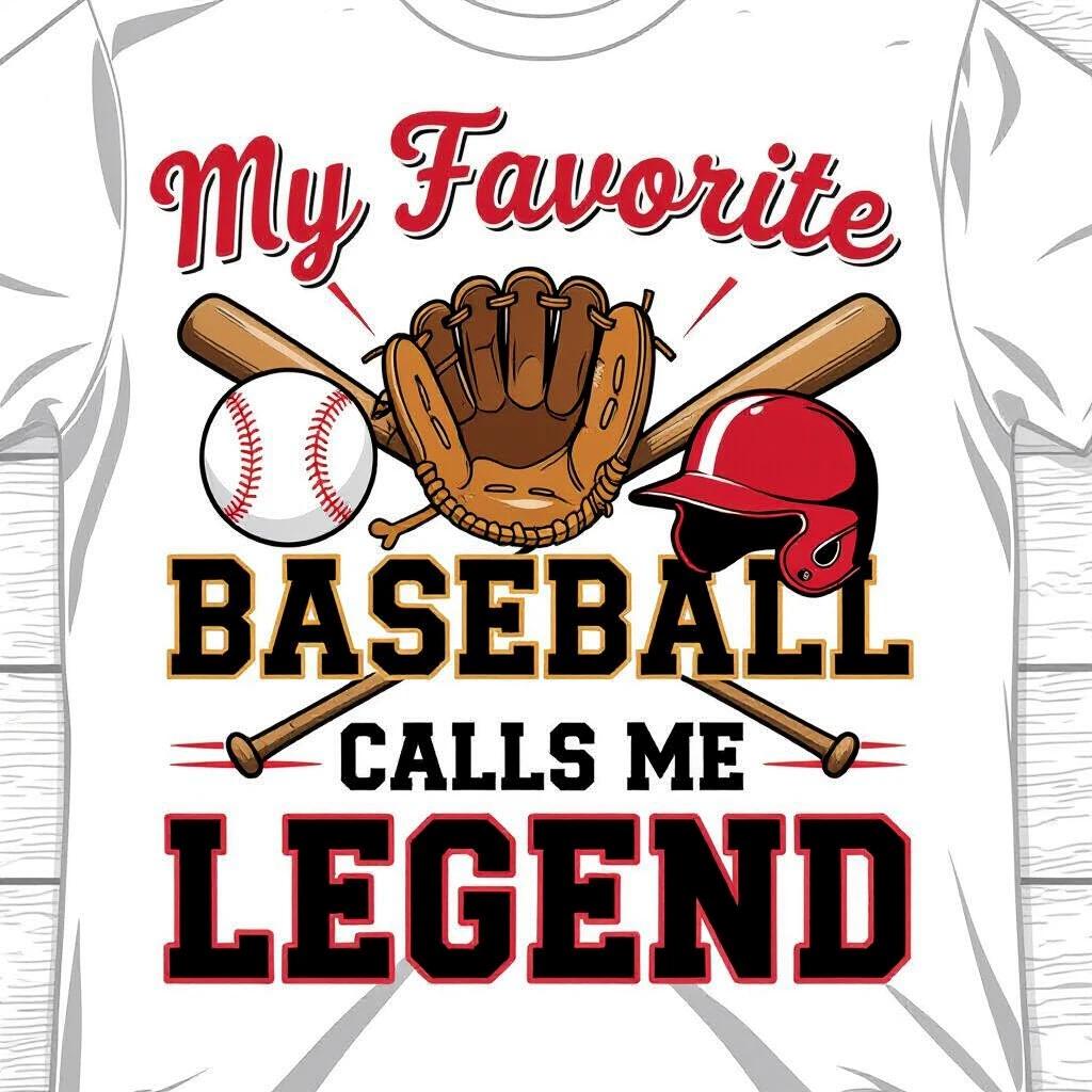 A t-shirt graphic design centered on a white t-shirt themed around baseball. The design features a quote about baseball legend with visuals of a baseball glove, a baseball, and a helmet with crossed wooden bats. The text is styled with vibrant colors and patterns.