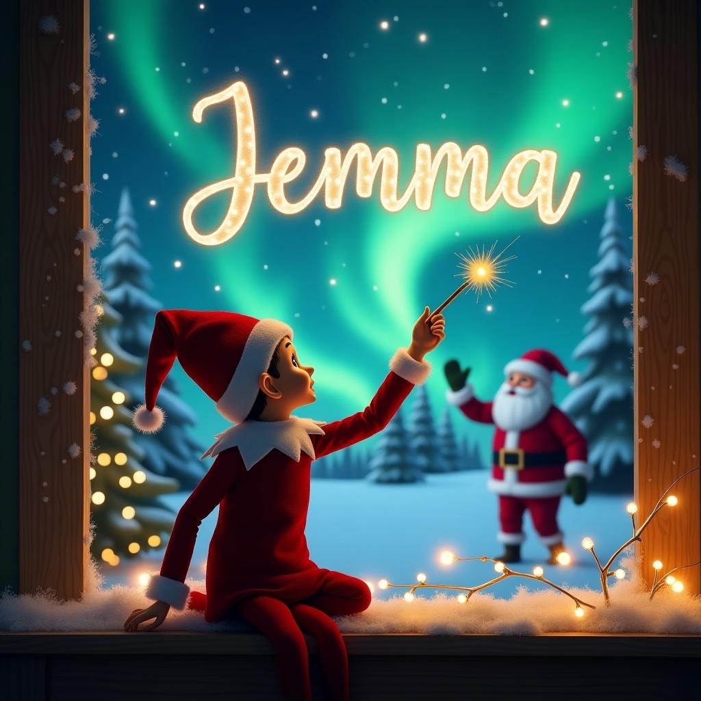 Elf on the shelf faces the sky. Uses a wand to write in the air. Background features a magical Christmas scene with northern lights. Santa appears in the background. The elf writes the name 'Jemma' elegantly.