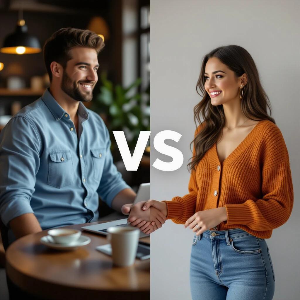 Combine two images showing a male in casual attire sitting at a table and a female in a cozy sweater smiling while shaking hands. Focus on their interaction and positive emotions.