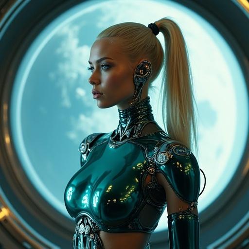 Futuristic full body shot of a blonde blue-eyed ponytailed cyborg with silver metallic cybernetic implants. The character features shiny dark teal decorations. The scene is set in a spaceship interior with a large window showcasing planet Earth. No zipper or headset visible. High quality image.