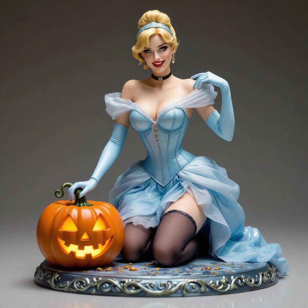 Ultra-detailed stylized resin figure inspired by Cinderella. Sensual powerful woman with fair skin kneeling with one leg extended. Resting on a faceless magical pumpkin and pulling down corset strap. Wearing glittering ice-blue corset and torn tulle skirt. Crystal heels and loose blonde hair with tiara. Circular base decorated with petals, crystals, broken watch fragments, small pumpkins. Provocative and magical design.