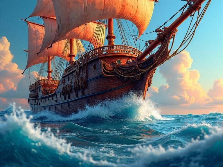 3D hyperrealistic illustration of an old wooden sail ship on vibrant seas. Ship showcases intricate details and light reflecting on sails. Background features whimsical clouds and intense color contrast. Artistic style blends fantasy with realism and evokes feelings of wonder.