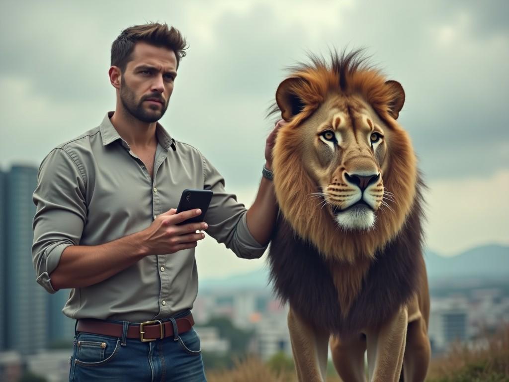 A man stands confidently next to a lion in an urban setting. He holds a smartphone in his hand, glancing at it, while the lion gazes majestically into the distance. The backdrop features city buildings, blending modernity with the wild. The man is dressed in a smart casual outfit with rolled-up sleeves. The lion has a full, golden mane that adds to its regal appearance, contrasting with the man's contemporary attire.