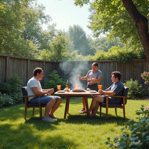 Scene depicts people having a barbecue in a garden. Smoke rises from the grill. Friends relax around a table with drinks. Lush greenery surrounds the setting. A neighbor is visible in the background trimming a hedge with a Stihl hedge trimmer, looking irritated.