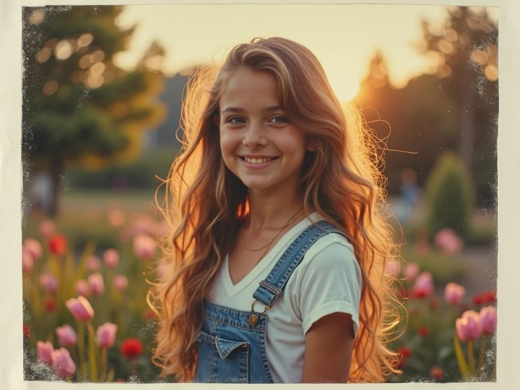 The image is a nostalgic snapshot of a young girl in a vibrant garden during sunrise. She has long, voluminous, wavy light brown hair that partially frames her face. The girl is smiling joyfully, wearing a dungarees over jeans and a white v-neck t-shirt. The background is filled with a colorful array of flowers, creating a lively and cheerful atmosphere. The warm light of dawn adds a magical glow to the scene, enhancing the rich colors and deep shadows.