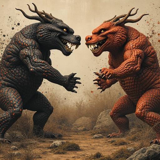 Monsters depicted in a fierce fight. Two menacing creatures stand against a rugged landscape. One is black, muscular with red accents. The other is orange with fierce features. Both show aggressive emotion. Background features dry grass and rocky terrain.