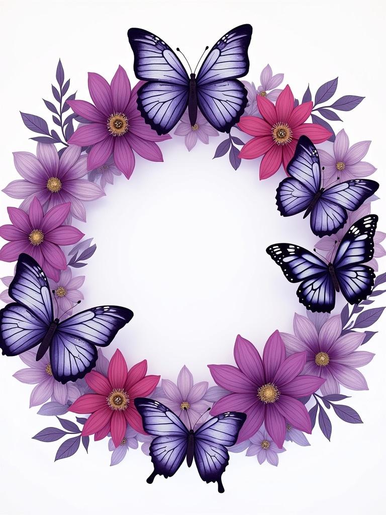 Illustration of a circular floral design featuring vibrant purple flowers and multiple butterflies. The background is white. The illustration showcases natural beauty. Emphasis on color and composition.