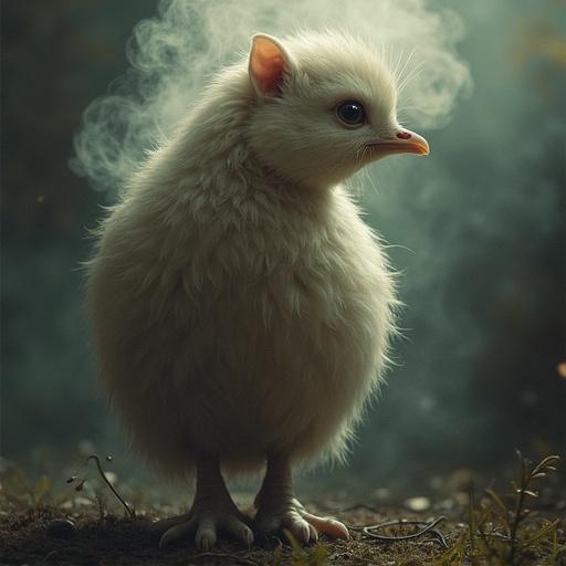 Fluffy, whimsical creature resembling a bird standing on the ground with a mystical background and soft lighting