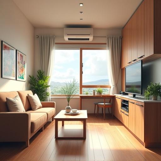 Small student apartment interior featuring kitchen, modern sofa, TV area, wooden window, and minimal decor. Inviting atmosphere with natural light and greenery.