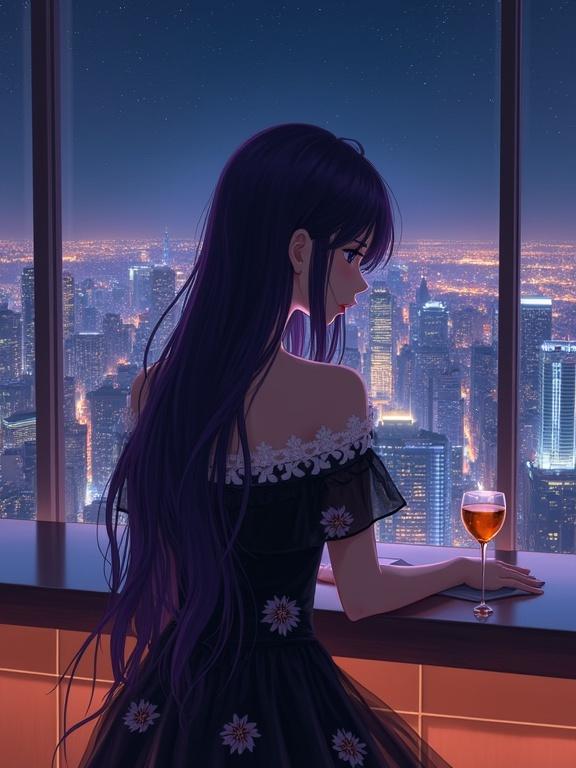 Young woman standing with her back to a large window in a luxurious high-rise lounge. Long dark violet hair cascades down her back. Wearing an off-the-shoulder black dress with a delicate floral pattern. Seated at a sleek counter. Cityscape view with illuminated high-rise buildings and a starry night sky. Glass of amber liquid on the counter. Emphasizes peace and sophistication in a cinematic composition.
