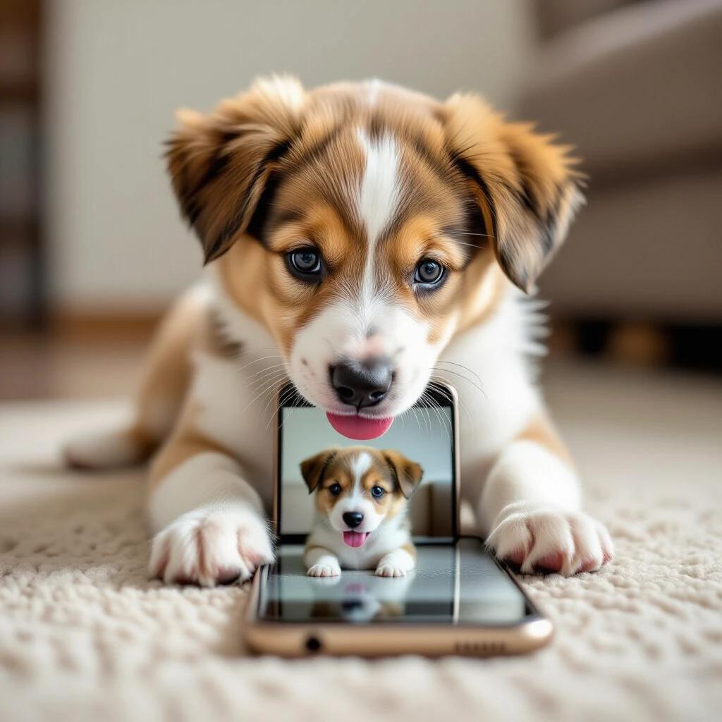 A small puppy is licking the screen of a smartphone while taking pictures. The focus is on the cute interaction between the puppy and the device. The environment is homey with natural colors. Soft light enhances the warmth of the scene.