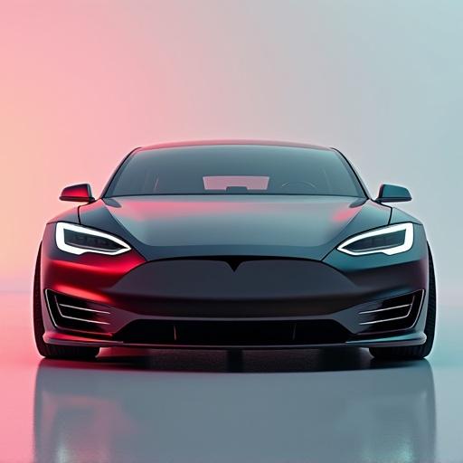 Create an image of a Tesla Model Y in a futuristic setting. Show the car from the front with a sleek design. Use a gradient background with soft lighting to enhance the car's features.
