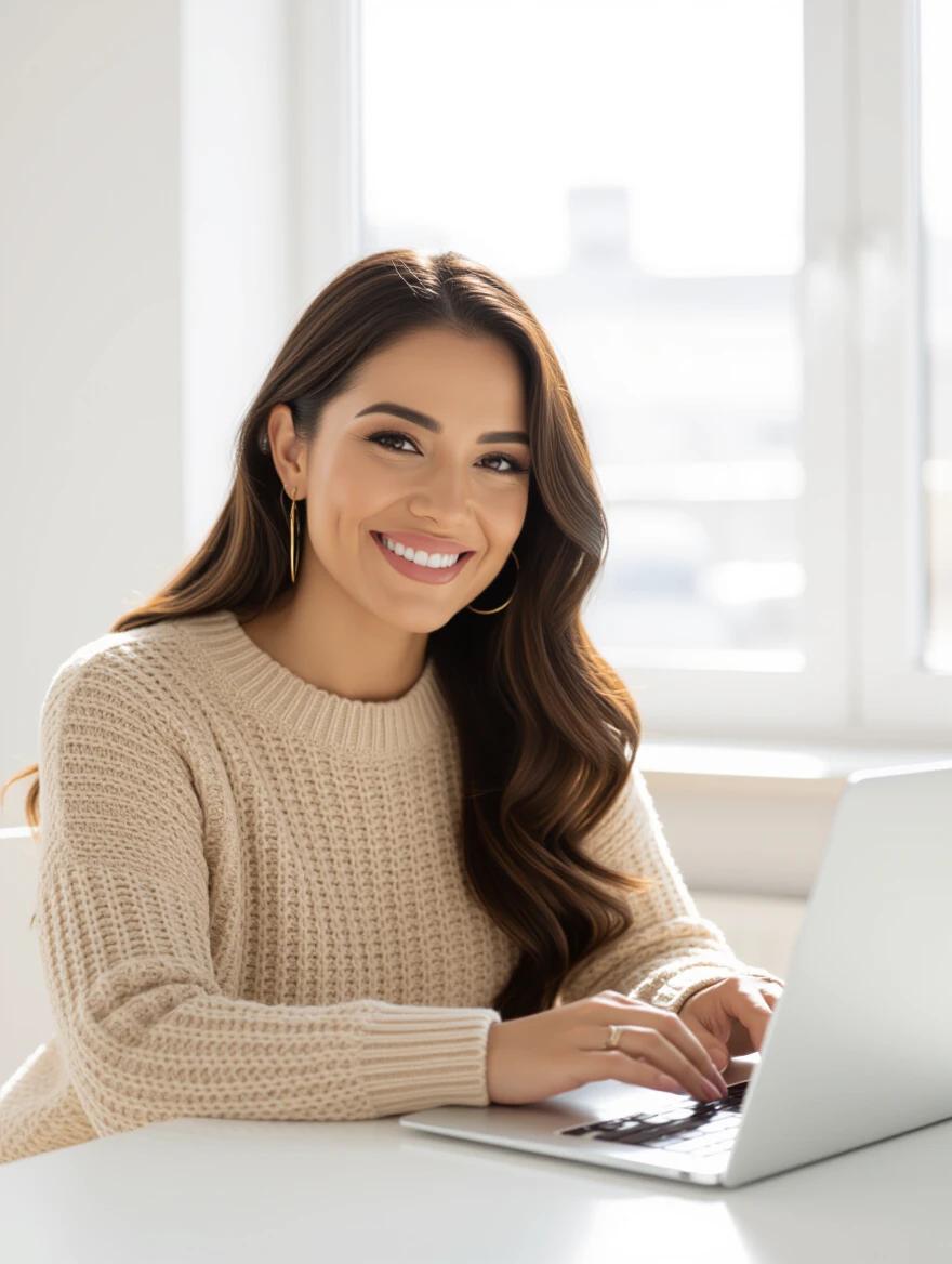 Smiling woman in a beige sweater using a laptop. Sunlight streams through the window behind. Subject appears engaged and focused. Modern environment with soft colors.