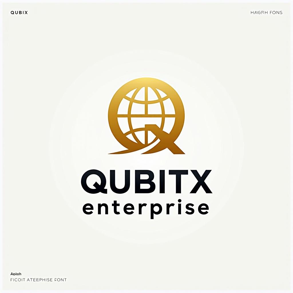 Logo design for QubitX Enterprise featuring a globe and a stylized letter Q. Focus on modern font options with a luxurious gradient. Consider layout configurations that emphasize balance and creativity. Explore incorporating globe details like longitude and latitude.