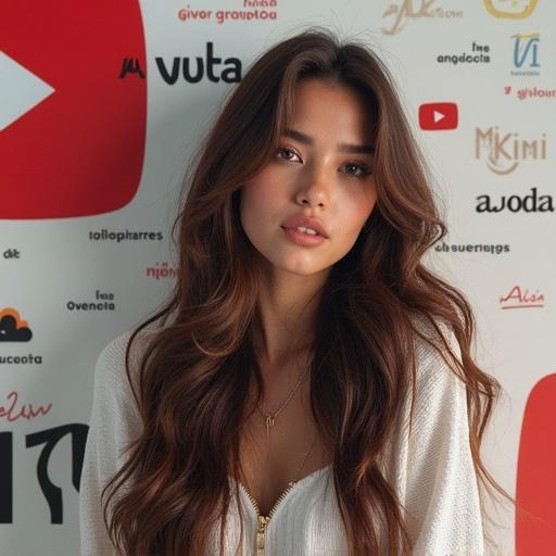 Create a YouTube banner featuring a young woman with long hair. Incorporate technology and luxury themes with the nickname Aelia IA.