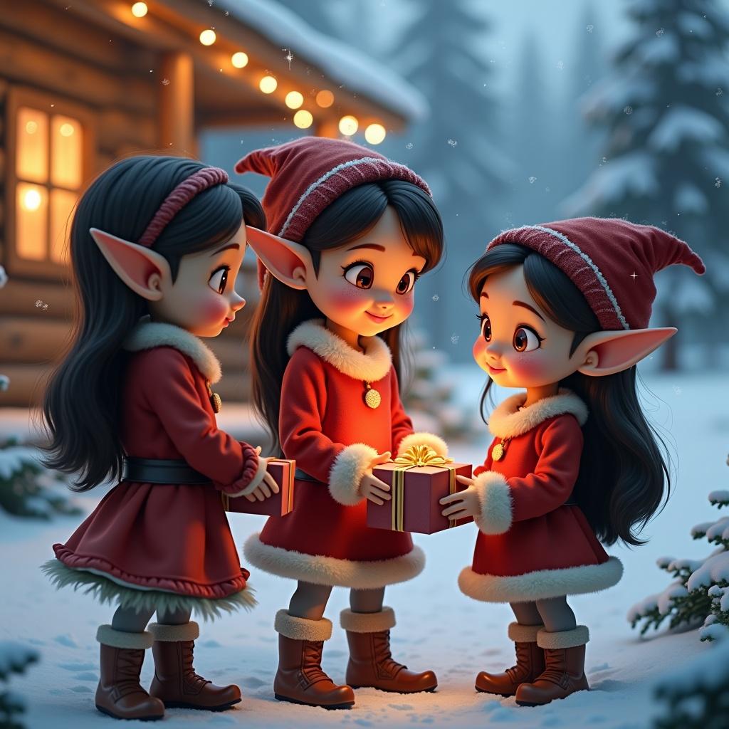 Three characters in festive outfits exchange gifts in a snowy landscape. Two human girls with long dark hair. Background includes a cabin with lights and Christmas trees. The scene has a magical holiday feeling.