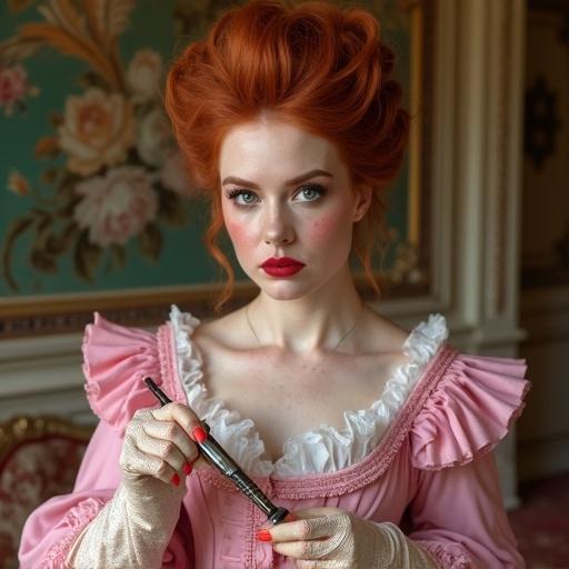 Woman with red hair and blue eyes in a pink Marie Antoinette-inspired outfit. She has bright red lipstick and exaggerated makeup. Hair styled in a large updo. She is working on a retro futurism robot in a Victorian sitting room with rococo decor and a fainting couch.