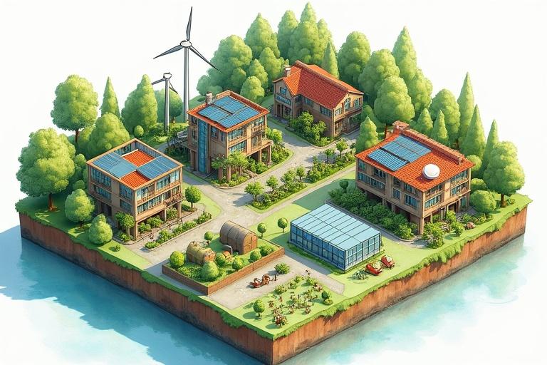 Isometric illustration of a sustainable city. Integrates nature with vertical farms wind turbines and solar panels. Circular food system and livestock are present. Displays greenhouses and natural water filtration systems. Features various styles of housing. Watercolor style used for rendering.