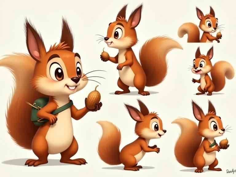 Character sheet for Sammy Squirrel. Whimsical illustrated style. Show full-body and different poses. Display unique features and expressions.