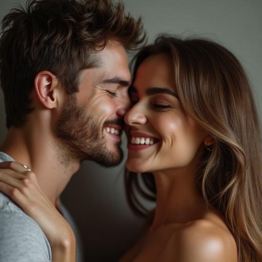 Portrait of a joyful couple sharing an intimate moment. Man with short messy hair and defined beard. Woman with long straight hair and beautiful eyes. Both radiate warmth and passion in a modern stylish setting.