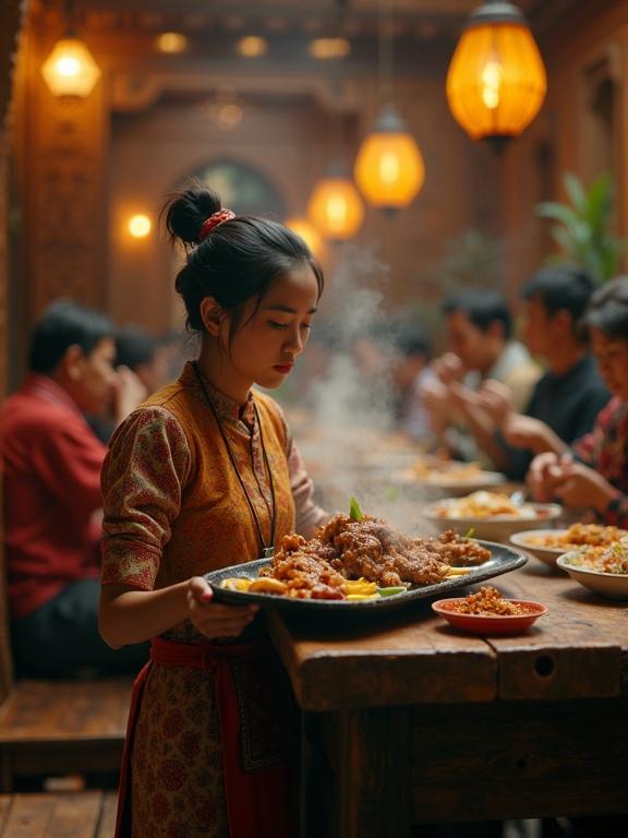Ultra-realistic 8K scene inside a traditional Padang restaurant. Warm lantern light illuminates wooden walls and Minangkabau carvings. A small waitress in traditional clothing struggles with a large tray of rendang, gulai, and sambal. Diners at large tables eat with oversized utensils. Steaming food and curious glances create a lively atmosphere. Warm cinematic lighting enhances details.