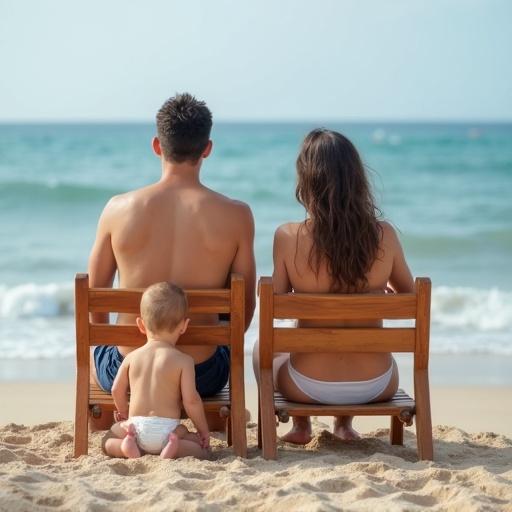 Photo of a small baby boy sitting relaxed on a wooden chair on the beach next to his parents while wearing a diaper.