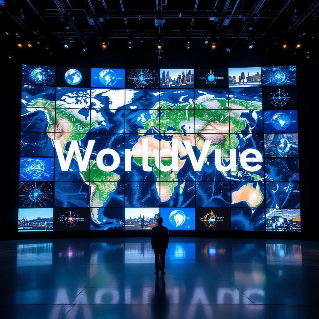 Massive installation art of 100 synchronized screens. Each screen displays a component of the full text 'WorldVue'. Wide shot of the installation with a viewer in front.