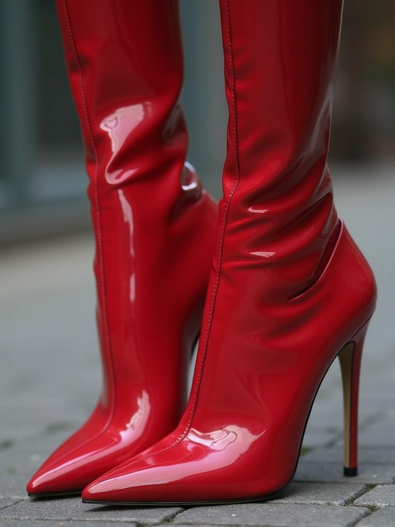 Close-up view of stylish high heels showing blood-red color. Features a pointed toe and open-heel design. The shoes have a glossy finish.